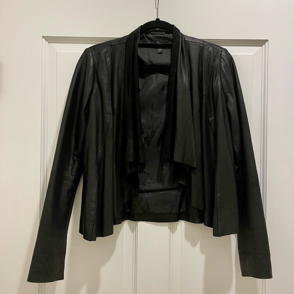 Aqua Draped Front Black Genuine Leather Jacket - Size Small